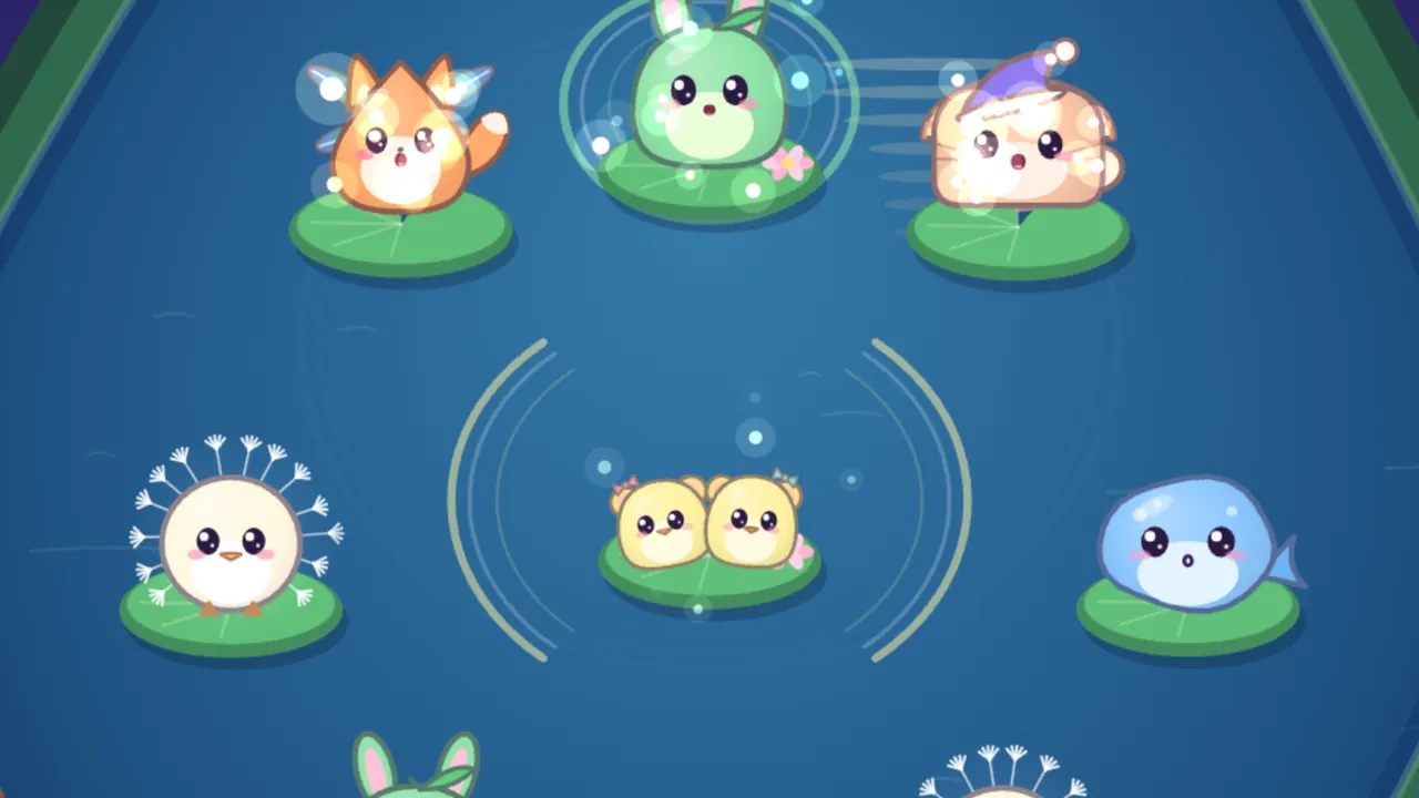 Tik & Tok, two pale yellow duckling-and-mouse twins sitting side by side on one lily pad in the middle of the pond, send out two curved arcs of ripple, one to their left and one to their right, while Puff and Bloop wait on lily pads to either side and Prism, Pip and Dozy sing on their pads above them, sparkling with bubbles