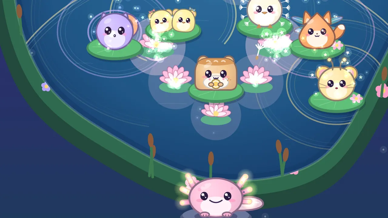A full pond seen from above: a purple cat, two little yellow chicks, a white dandelion bird, an orange fox with dragonfly wings, a golden mouse with glowing antennae and a square, toast-colored friend holding something golden sing on lily pads, pink lotuses glow between them, ripples cross the water and Lulla glows at the bottom edge