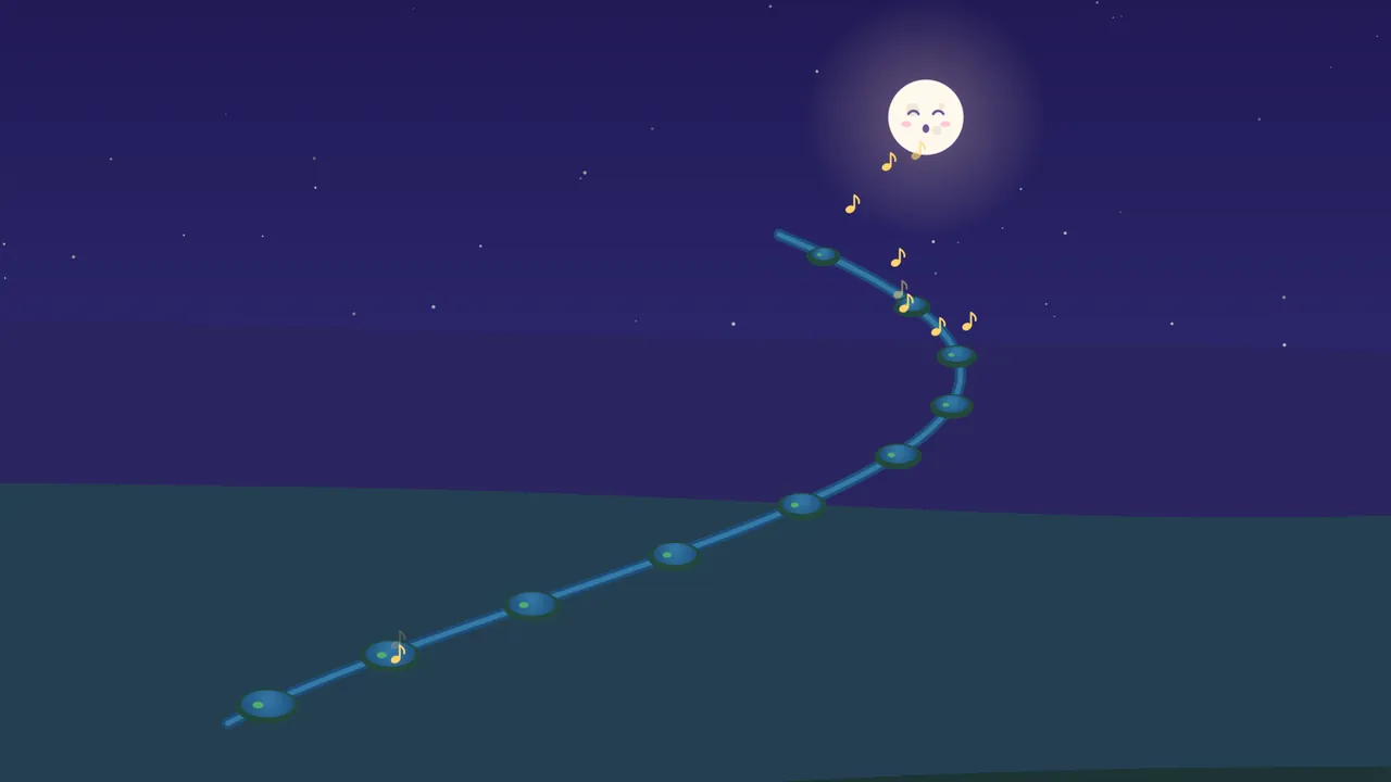 A night valley under a starry indigo sky: a round, glowing Moon with closed eyes, rosy cheeks and an open mouth sings at the top, and golden musical notes drift down from her along a winding blue brook dotted with ten small round ponds