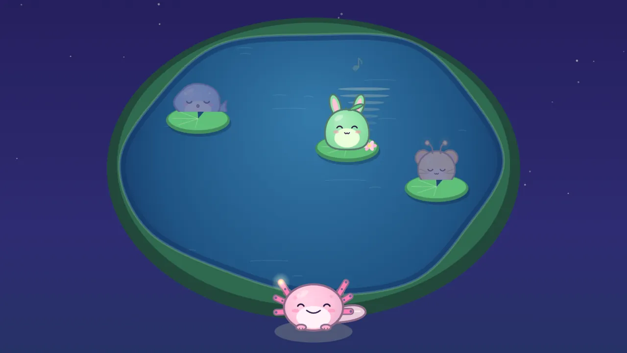 A round blue pond with a green bank under a starry night sky: a green bunny-eared friend with a leaf on its head smiles awake on a lily pad, while a gray-blue fish friend and a gray mouse with antennae still sleep on their pads, and Lulla, a pink axolotl with a glowing frond, smiles from the edge of the water