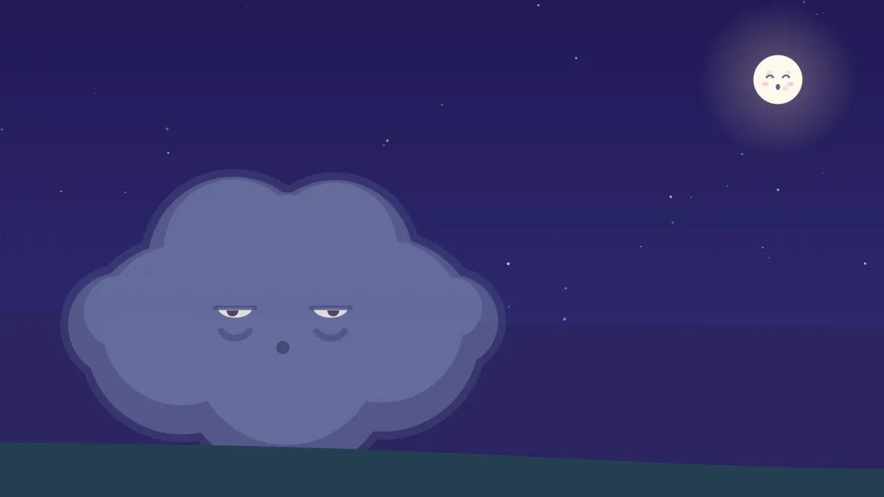 A huge lavender cloud with heavy, half-closed eyes and a small round mouth rising behind dark hills under a starry indigo sky, and in the top right corner a small glowing Moon with closed eyes, rosy cheeks and an open mouth, singing