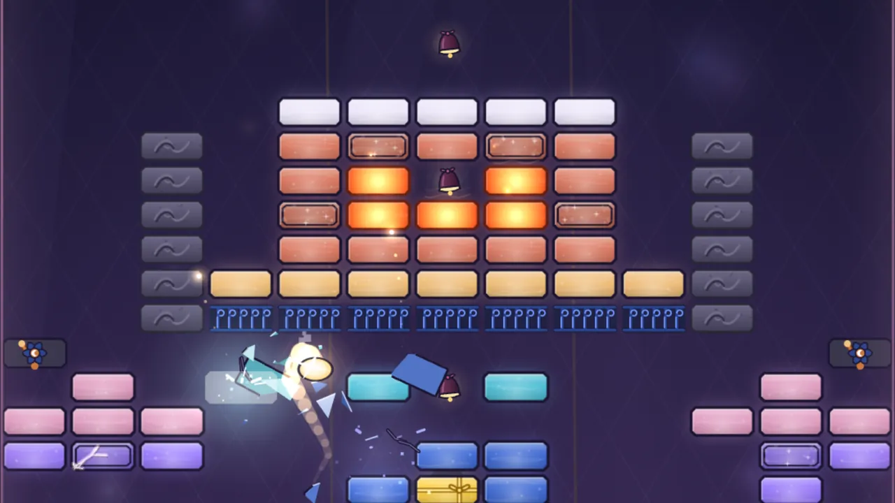A safe built of gray stone columns with a roof of white panes, holding glowing orange ember panes and a red velvet chime among orange and double panes, a row of blue iron gates under it, blue flower levers at both edges of the field, pink, violet, cyan and blue panes below and the Spark smashing a pane in a burst of glass shards at the lower left