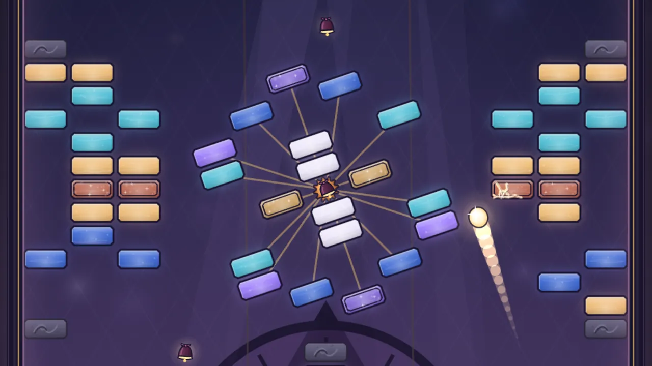 A ring of violet, blue, cyan and gold panes on thin golden spokes, tilted as it turns around a hub with a small red velvet chime in the middle, four white panes stacked through its center, columns of amber, cyan, blue and cracked red double panes on both sides, gray stone corners, one chime above the ring and one at the lower left, and the Spark flying up on the right with a long trail of light