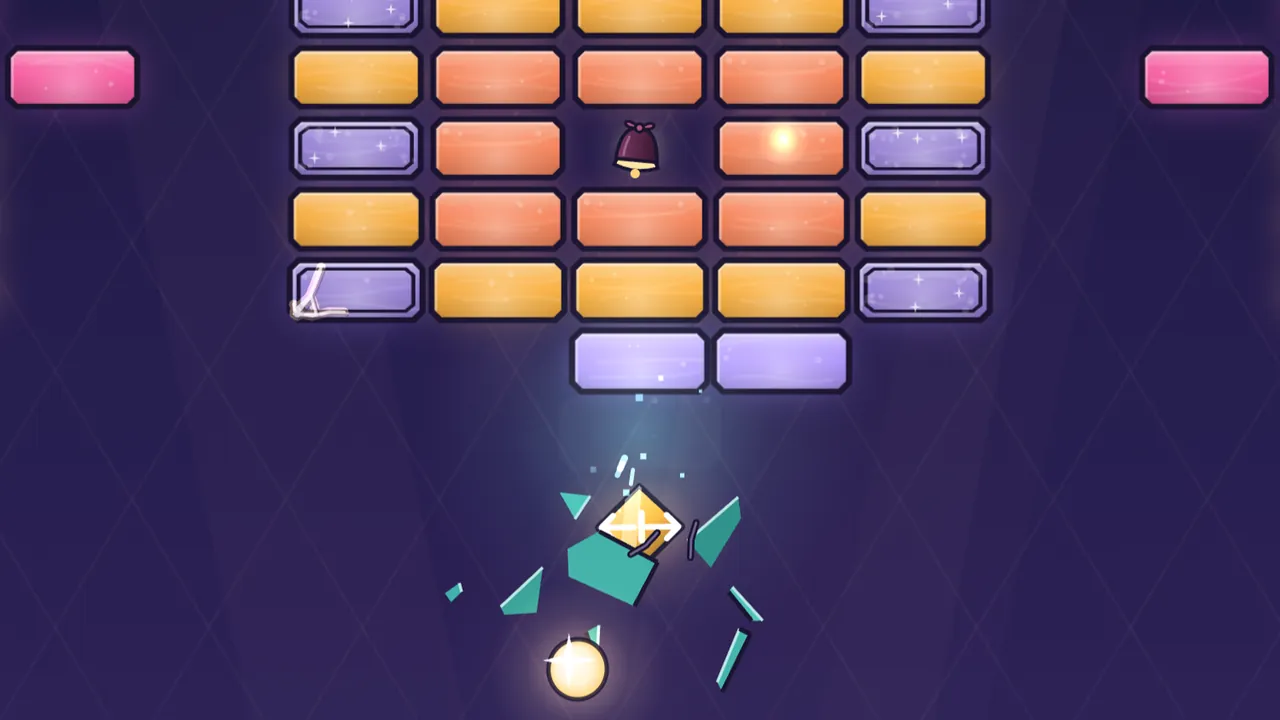 Level 2, Twice as Thick, in Lantern Lane: rows of lavender, amber and coral glass panes glow against a deep violet night sky crossed by soft beams of light, with magenta panes at the far left and right and a small bell wrapped in dark red velvet tucked into the wall; below the wall, a lavender pane has just burst into big teal shards and white glass dust, an amber diamond capsule with a white two-headed arrow tumbles out of the burst, and under it the Spark, a glowing gold ball of light with a white glint, flies on