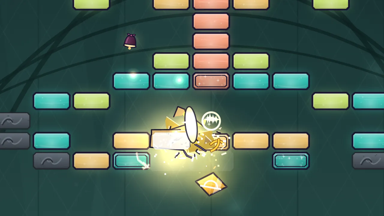 Level 14, Clear as Glass, in the Glasshouse: rows of lime, coral, amber and teal glass panes over a deep green background crossed by the dark arches of a greenhouse frame; in the middle, the Spark, stretched into a tall white beam by a Sunbeam capsule, bursts through a row of amber panes in a cloud of golden light, gold shards and white glass dust, with a round white flash beside it; below, an amber diamond capsule with a little white dome over a line falls away, gray stone blocks with wavy marks sit at the edges, and a small velvet bell hangs at the upper left