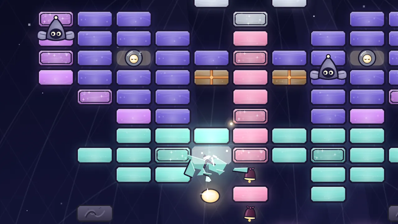 Level 17, Little Visitors, under the Moon Dome: rows of violet, lilac, pink and mint glass panes glow against a dark blue night with faint lines of the dome and a few stars; two Dimlings, little gray hooded moths with big white eyes and leaf-shaped wings, sit on panes at the top left and on the right, two gray panes in the middle show round sleepy faces, and two amber panes are tied with ribbon like presents; near the bottom, the Spark, a glowing gold ball, drops away from a mint pane that has just shattered into pale shards, beside a small bell wrapped in dark red velvet