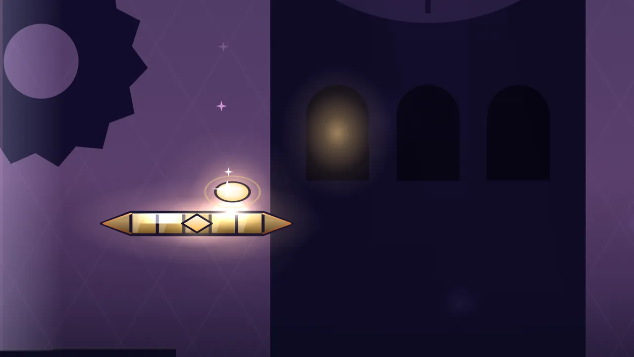 Level 8, Clockwork, in Belfry Heights: the Prism, a long bar of gold glass panes with pointed ends and a diamond gem in the middle, glows as the Spark, a gold ball of light, presses down on it just right of center in a ring of light and two small white sparkles; behind them rises a dark clock tower with three arched windows, one lit warm amber, the edge of a big clock face at the top and the black silhouette of a huge cog wheel on the left, against a dusky violet sky
