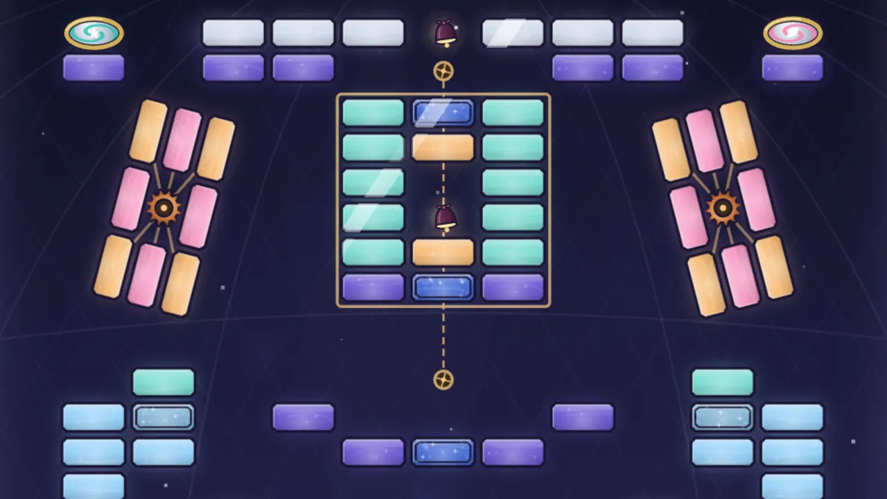 A level in the Moon Dome against a deep blue night sky with faint lines of the dome: on the left and right, two wheels of tall orange and pink panes on brass spokes turn around brass gears; in the middle, a block of teal, orange, blue and violet panes sits in a brass holder on a dashed rope with a pulley at each end, with two small dark red chime bells wrapped in velvet; above, rows of pale and violet panes, two gold-framed mirrors swirling teal and pink, and below, light blue panes, some with a double frame and sparkles of frost