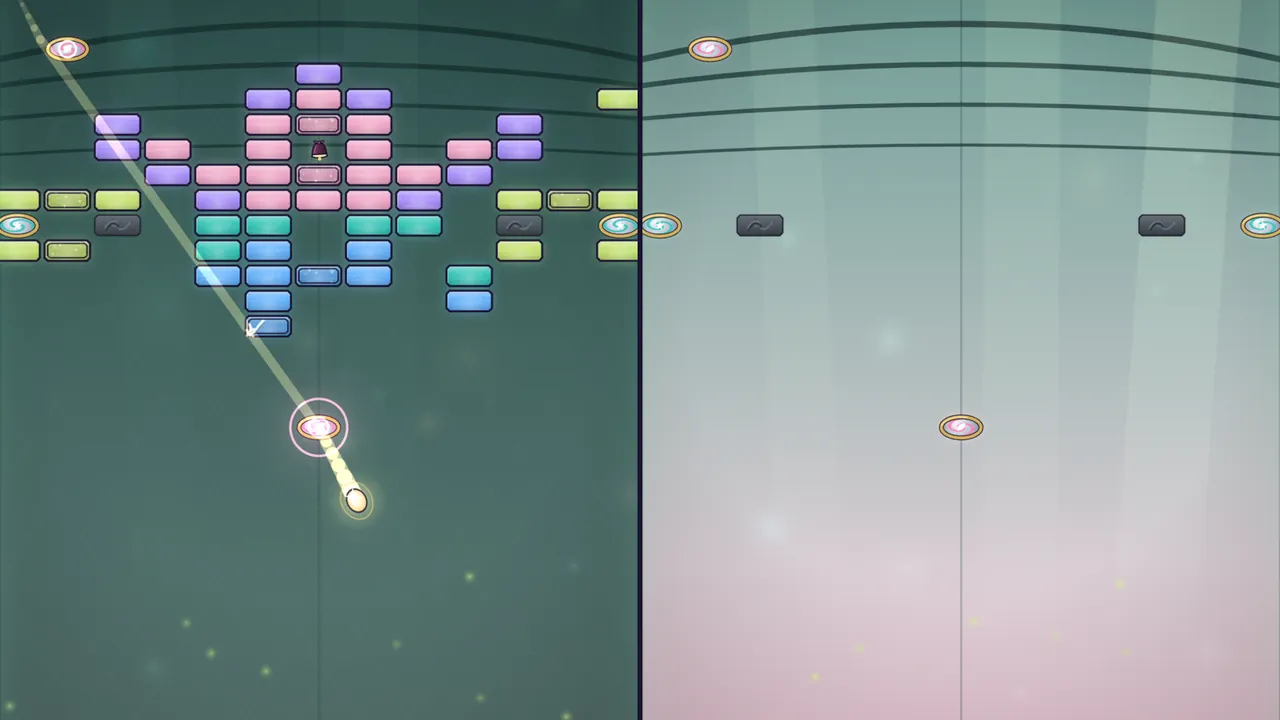 Two views of the same level in the Glasshouse side by side: on the left, at dusk, a dark green sky crossed by the curved iron ribs of the glasshouse, a full picture of violet, pink, teal, blue and lime panes, two gray stones, gold-framed mirrors and the glowing Spark with a long trail of light; on the right, the same place after the last pane, the sky turned pale green and pink with shafts of light, only the stones and the mirrors left