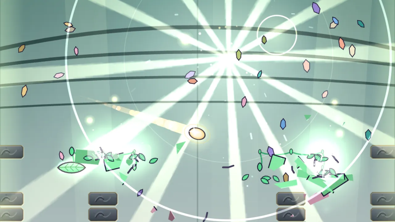 The last pane of a level in the Glasshouse breaks: wide rays of sunrise open from a bright point near the top of a pale green sky crossed by the dark curved ribs of the glasshouse, white rings spread out, glass petals in pink, violet, orange, blue and green drift down, vine glass on both sides bursts into green shards and gliding leaves, and the glowing Spark flies through it all with a trail of light above a row of gray carved stones