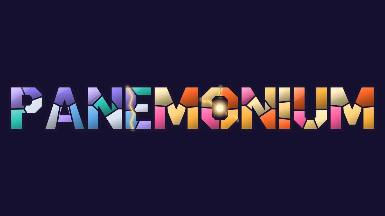 The PANEMONIUM wordmark on a dark ink background: big block letters, each cut into a few pieces of glass framed in dark lead, the letters P, A, N and E in cool violet, teal, blue and pale silver glass, M, O, N, I, U and M in warm gold, orange and pink glass, a thin crack of gold light running down the E, and a glowing Spark sitting in the middle of the O with small cracks around it