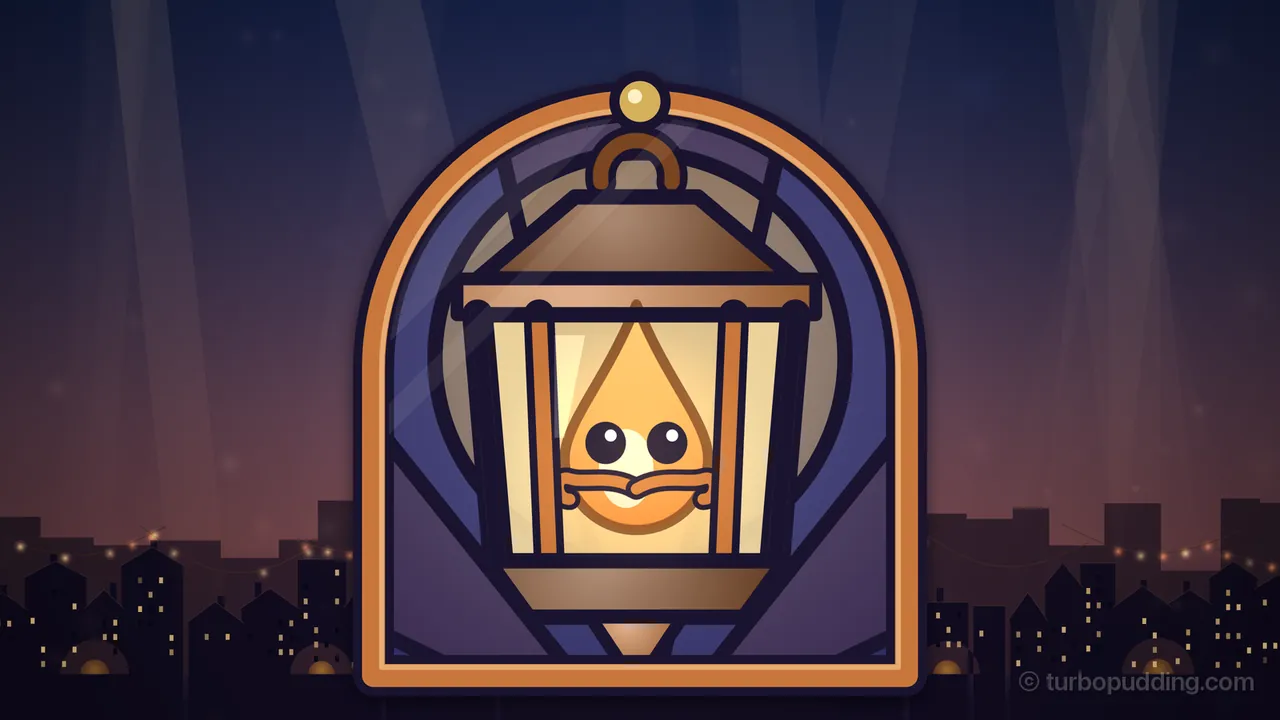 A large stained-glass portrait of Gaffer in an arched copper frame over the rooftops of Lantern Lane at dusk: a six-sided copper lantern with a hook and ring on top hangs in front of a pale gold ring of glass, and inside its glowing cream panes a tall orange flame stares out with two big round black eyes and a curly copper mustache; pale shafts of light fall through the dark violet sky, and the lit windows and kiln domes of the town sit low on both sides