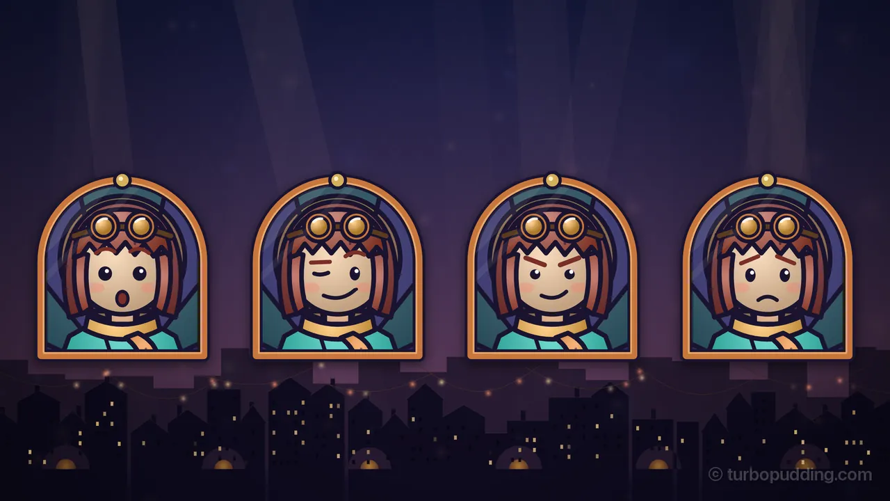 Four stained-glass portraits of Mira in arched copper frames stand in a row over the dark rooftops of Lantern Lane at dusk, each with her auburn bob, zigzag fringe, brass goggles with amber lenses, amber scarf and teal coat: on the far left she is surprised, with round eyes, high brows and a small round open mouth; next she winks, one eye shut under a flat brow and the other open under an arched one, with a lopsided smile; third she looks determined, eyes narrowed under brows slanting down and a firm half smile; on the right she is worried, brows tipped up in the middle over a small frown; strings of tiny lights hang between the roofs and kiln domes glow below
