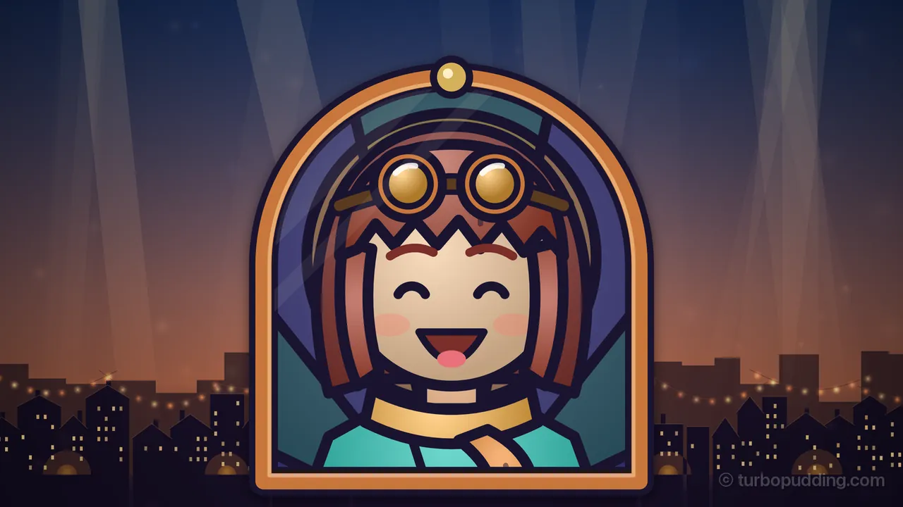 A large stained-glass portrait of Mira in an arched copper frame over the rooftops of Lantern Lane at dawn: a girl with an auburn bob and a zigzag fringe, brass goggles with amber lenses pushed up on her forehead, an amber scarf over a teal coat and rosy cheeks laughs with her eyes closed in two happy arcs and her mouth wide open, showing a pink tongue; pale shafts of morning light fall through a blue and orange sky, and strings of tiny lights hang over the dark houses and glowing kiln domes on both sides