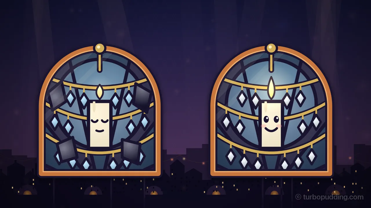 Two stained-glass portraits of the Grand Chandelier in arched copper frames side by side over Lantern Lane at night: on the left she is dreaming, a white candle with closed eyes and a small sleepy smile on the wax and a short flame, framed by three swags of gold chain hung with pale blue crystal drops and four dark gray crystal shards around her; on the right she is awake, the dark shards gone, the drops almost white, a taller bright flame, round open eyes, pink cheeks and a wide smile, with a soft glow around the candle