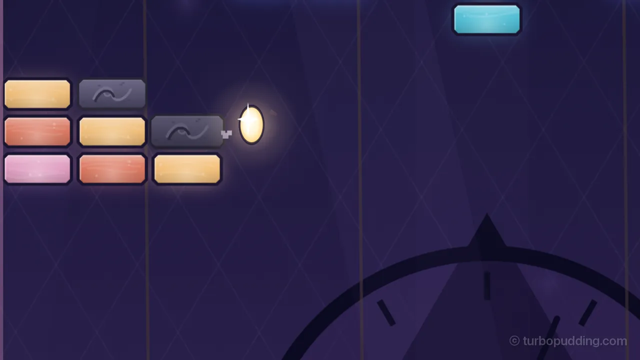Level 6, Stone Steps, a close view of the lower left corner of the tower: two gray stone panes with a curving wavy mark sit like steps among gold, coral and pink glass panes, and the Spark, a small glowing ball, is pressed flat against the right side of the lower stone, with a few tiny gray crumbs flying off; a single teal pane hangs at the top right, thin ropes run down through the dark violet sky, and at the bottom right rises the dark rim of the great clock of the bell tower, with its tick marks and one hand