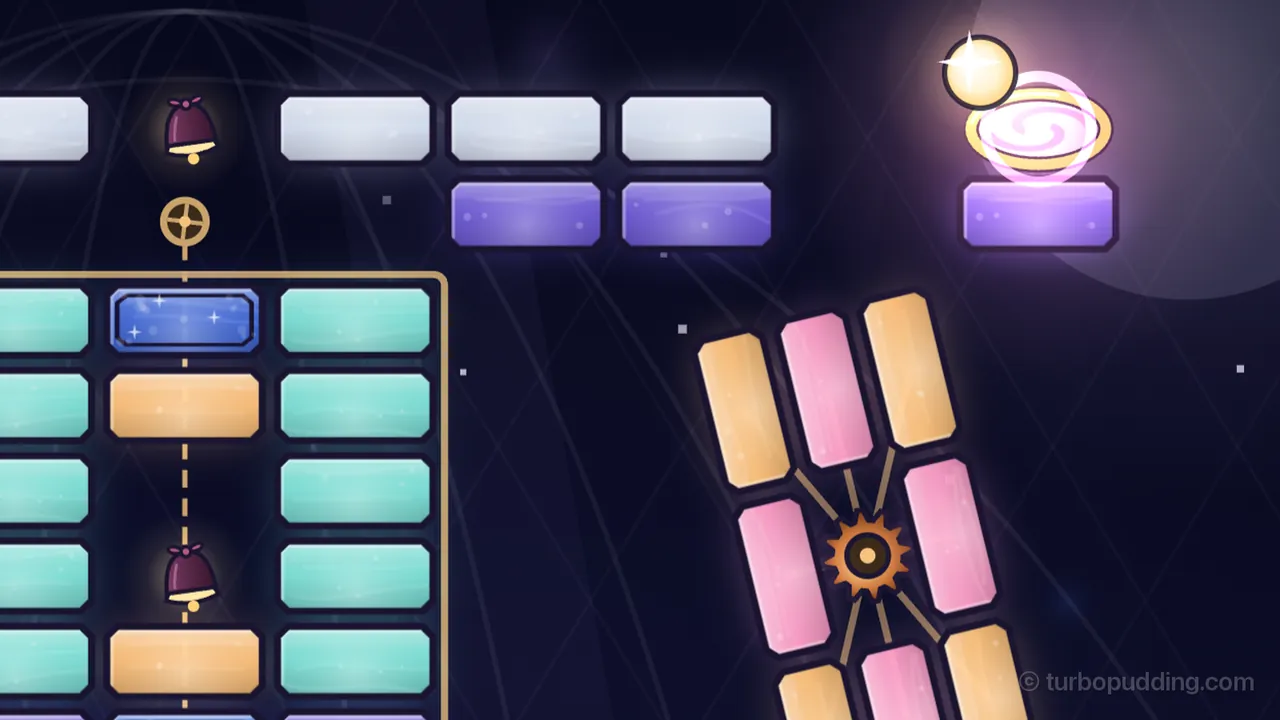 Level 18, Odds and Ends, the top of the astronomer’s study: the Spark, a small glowing ball, has just popped out of a mirror at the top right, an oval gold frame with a pink swirl inside and a pink ripple ring around it, above a violet pane, with the big faint disc of the moon glowing behind; at the right, a glass globe of tall orange and pink panes on brass spokes turns around an orange twelve-tooth gear; at the left, the telescope on its rope lift, a column of teal, orange and blue panes in a thin brass holder with a chime inside, hangs from a dashed rope under a little brass pulley, with another chime and a row of pale panes along the top and the faint lines of the dome across the dark sky