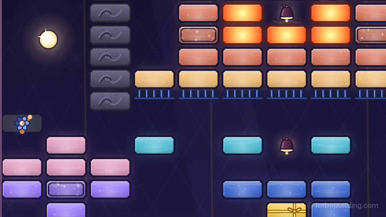 Level 9, Pull the Lever, the left side of the engine room: the Spark, a small glowing ball, flies up the narrow corridor at the left edge just after hitting the lever, a blue flower of six petals with a crescent moon in the middle on a dark iron plate, its little arm with a gold knob thrown over; to the right, a row of blue iron gates is sliding up under a line of gold panes, next to a column of gray stone, with glowing orange ember panes and a chime in the safe above, teal panes and another chime below, pink and violet panes at the bottom left, blue panes at the bottom right and a gold gift pane tied with a ribbon