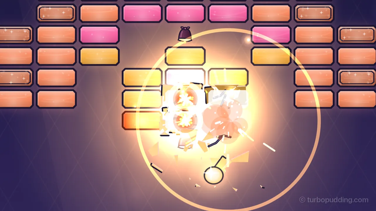 Level 4, Hot from the Kiln, the moment the chain goes off in the mouth of the glass kiln: two bright bursts with flower-shaped hearts and a soft peach puff fill the middle of the picture, with white and gold shards flying out and a big thin gold ring spreading around them; the yellow panes next to the bursts glow almost white, a small dark chime with a bow hangs just above, and the Spark, a small glowing ball, drops away below; around them are rows of orange and pink panes and a few double panes with a second frame and white sparkles