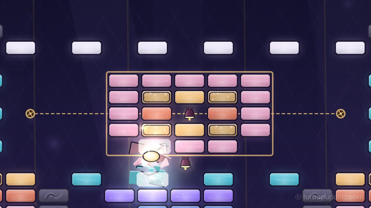 Level 7, Up the Ropes: a gondola of stained glass in a thin brass holder hangs from a dashed rope with a small brass pulley at each end, with pink panes around gold double panes with sparkles, two coral panes and a small dark chime in the middle; the Spark, a small glowing ball squashed flat by the hit, has just smashed the bottom left pane of the gondola into pink and white shards, and the teal pane right below it glows; another chime hangs just under the gondola, a row of pale panes runs across the top, and teal, gold, coral and violet panes and two gray stone panes line the bottom against the dark violet tower