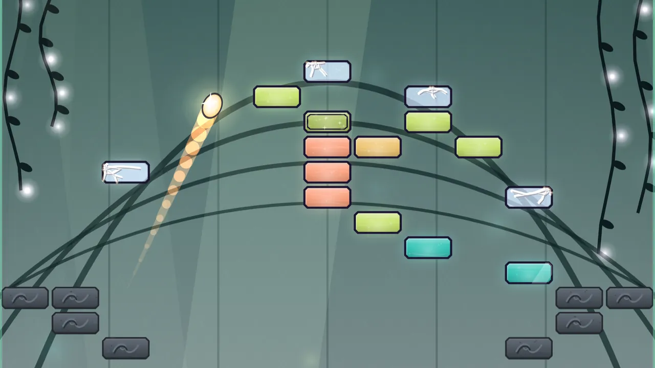 A Glasshouse level on a pale green background crossed by the curved iron ribs of a dome: a palm tree stands in the middle, its trunk made of coral glass panes and its leaves of lime and gold panes, while four pale blue clear panes with white cracks show up along the arch of the dome where the Spark has touched them and the rest of the dome is still invisible; teal panes on the right, gray stones in both bottom corners, vines with tiny white lights along the edges and the Spark, a glowing gold ball, flying up on the left with a trail of light