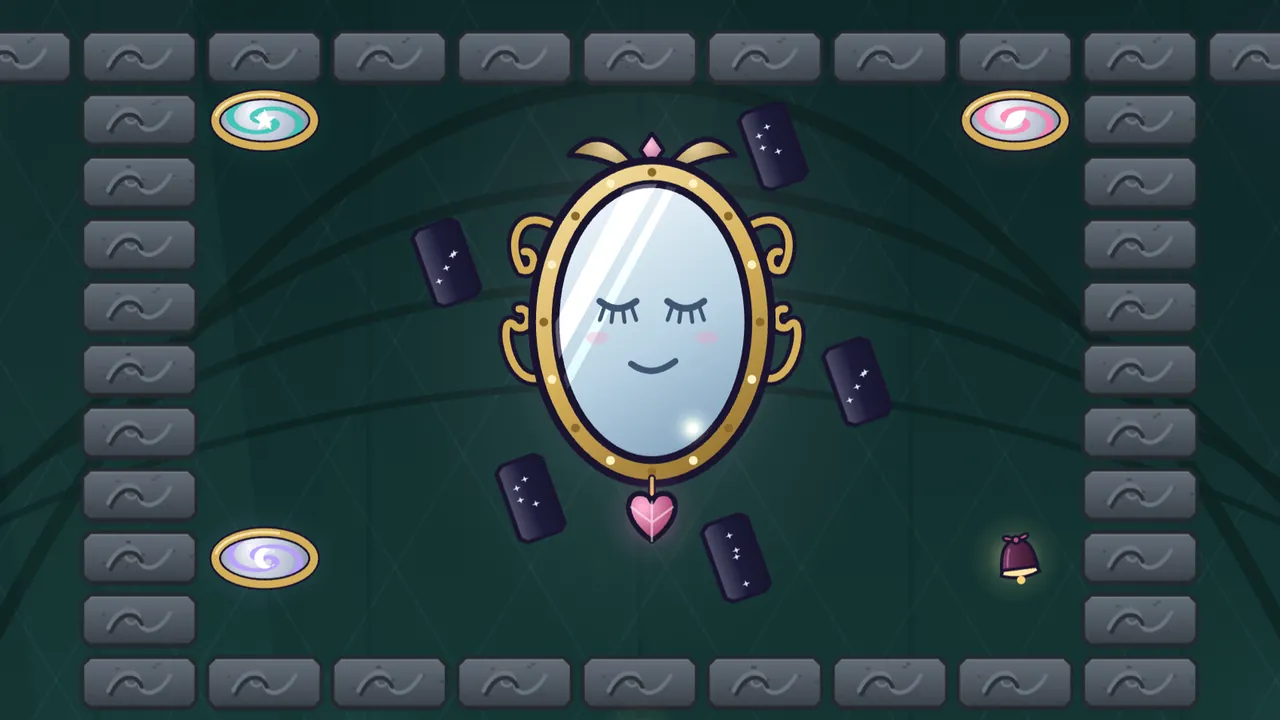 The Looking-Glass, an oval mirror in a gold frame with curly gold handles, long lashes on her closed eyes, pink cheeks and a pleased little smile, a pink heart hanging below her, naps in a niche walled with gray stones on a dark green background, while six small dark frames with tiny stars float around her and gold-framed mirrors swirl teal, pink and lilac in three corners of the niche next to a small dark red chime wrapped in velvet