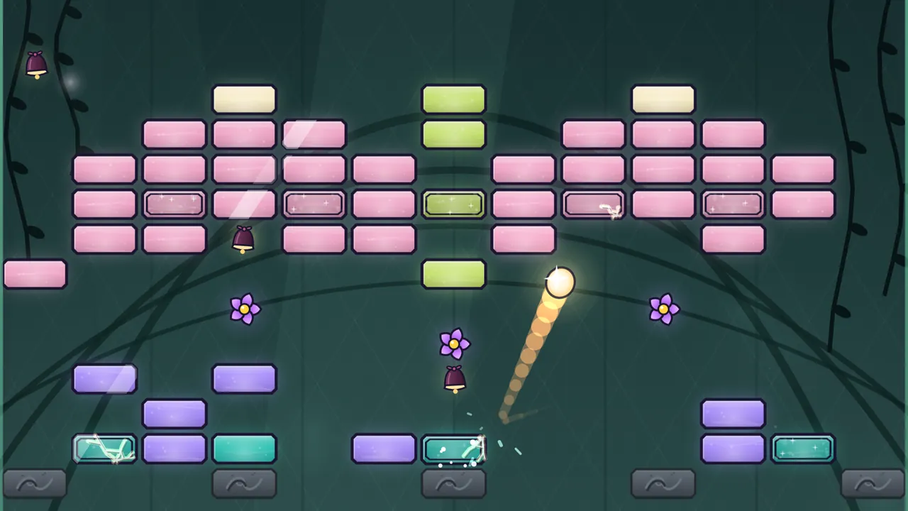 A Glasshouse level on a dark green background crossed by curved iron ribs: two wide flowers of pink glass panes, some of them sparkly double panes, with cream panes on top, hang side by side from a lime stem in the middle; below them float three purple flower-shaped spring bells with yellow centers and two small dark red chimes wrapped in velvet, with rows of violet and teal panes over gray stones at the bottom, dark vines along both edges, another chime in the top left corner and the Spark, a glowing gold ball, flying up from the lower right with a trail of light