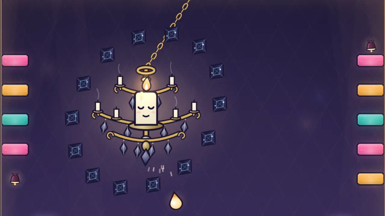The Grand Chandelier, a gold chandelier with a sleeping candle face in the middle, swinging on a chain inside a ring of dark crystals, a drop of wax falling below it, colored panes along both sides and a chime on the left