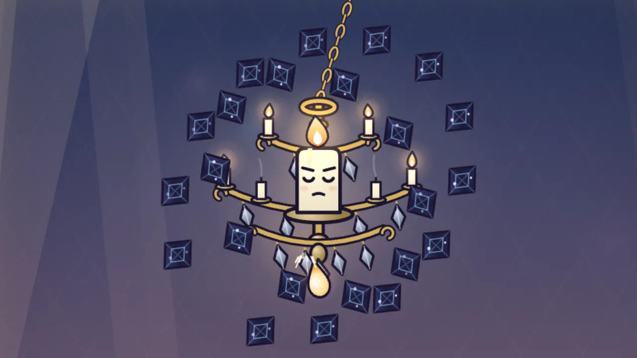 The Grand Chandelier up close, a gold chandelier with a frowning, sleeping candle face in the middle, two rings of dark crystals spinning around it and a drop of wax forming underneath