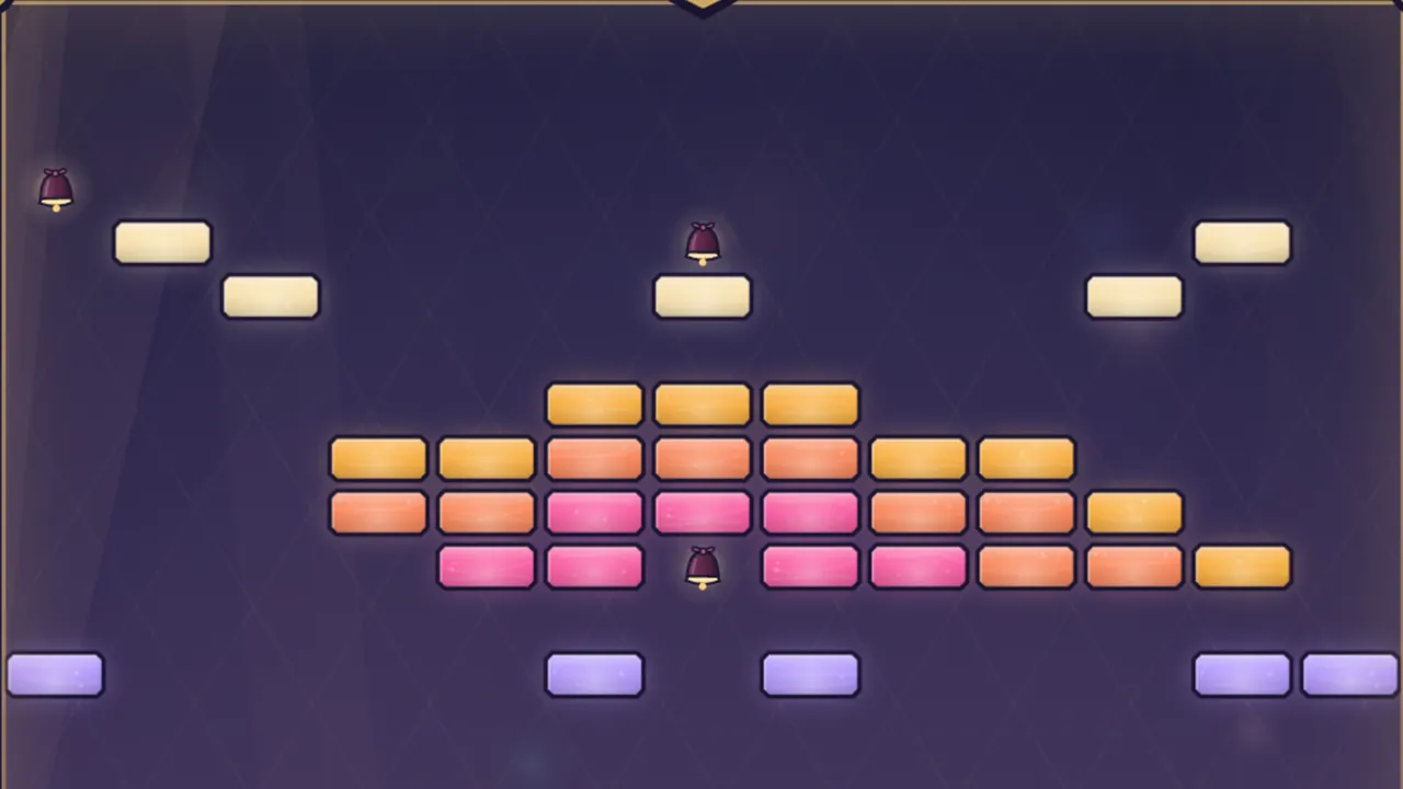 Rows of orange, coral and pink glass panes shaped like a rising sun on a dark purple night, cream panes above them, and three little dark red bells: one in the top left corner, one in the middle at the top and one inside the bottom row of the sun
