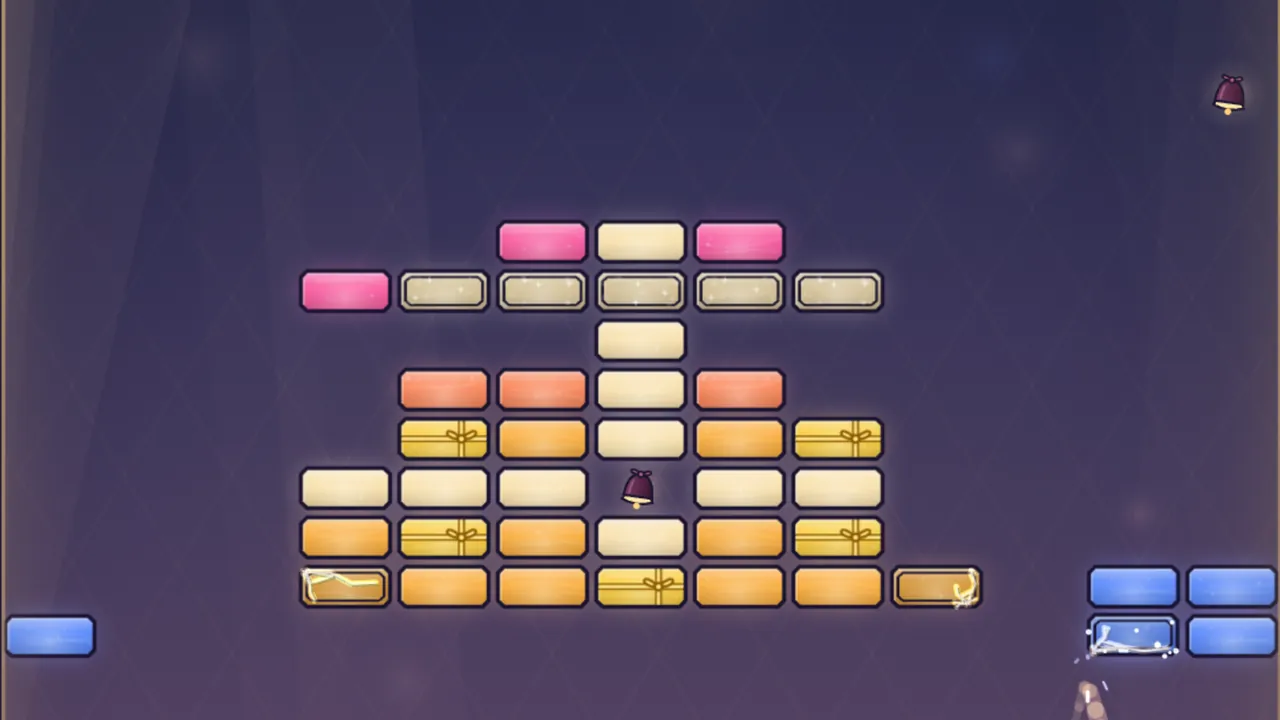 A wide stack of cream, orange and gold glass panes, five of them tied with a gold ribbon like presents, a row of sparkly double panes near the top, a chime in the middle of the stack and another in the top right corner