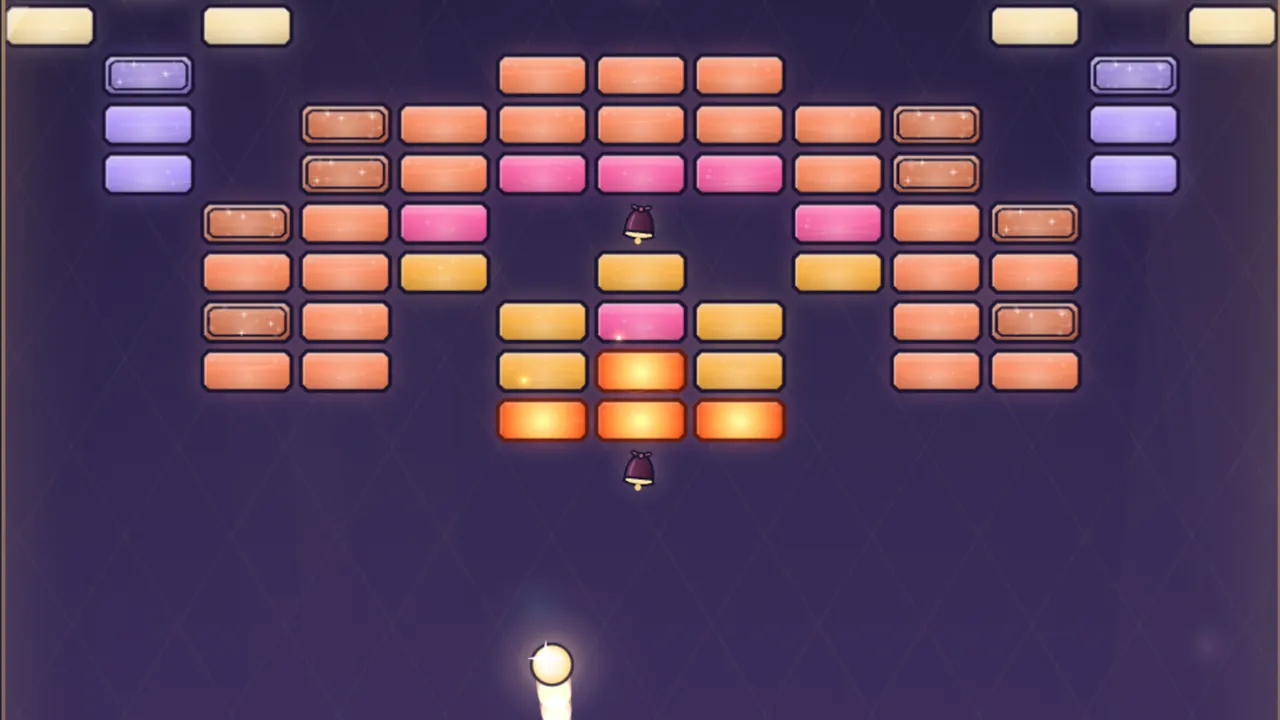 A wide shape of coral, pink, purple and gold glass panes on a night sky, four glowing orange ember panes at the bottom middle, a chime just under them and another in the middle of the shape, and the white Spark flying up toward them