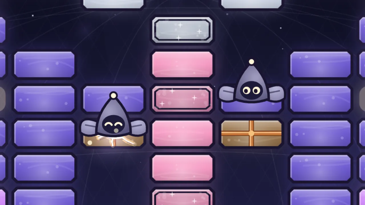 A close-up of the glass in the Little Visitors level of the Moon Dome: two Dimlings, small gray-lilac moths in pointed hoods with leaf-shaped wings, stand on the panes among purple, pink and silver panes; the one on the left sits on a cracked bronze pane with brass bars, eyes closed in happy arcs, glowing softly while little motes of light circle the crack it is mending, and the one on the right stands on a purple pane above another barred pane and watches with big round cream eyes