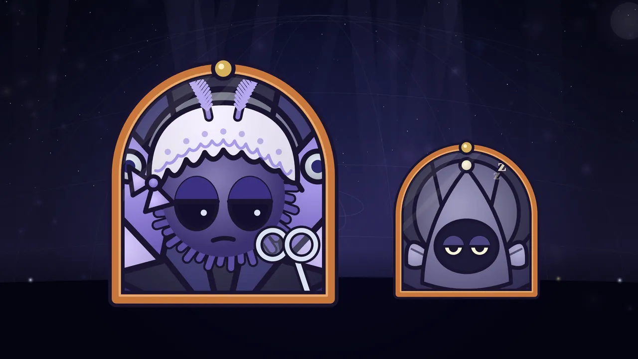 Two stained-glass portraits in arched copper frames against the night sky over the Moon Dome: on the left, Duchess Dusk, a round fluffy purple moth with feathery lilac antennae, a white lace bonnet, heavy half-closed eyes, a small frown, a frilly ruff and a silver lorgnette; on the right, a smaller portrait of a Dimling, a little gray-lilac moth in a pointed hood with sleepy half-closed eyes, small leaf-shaped wings and a tiny z floating over its head