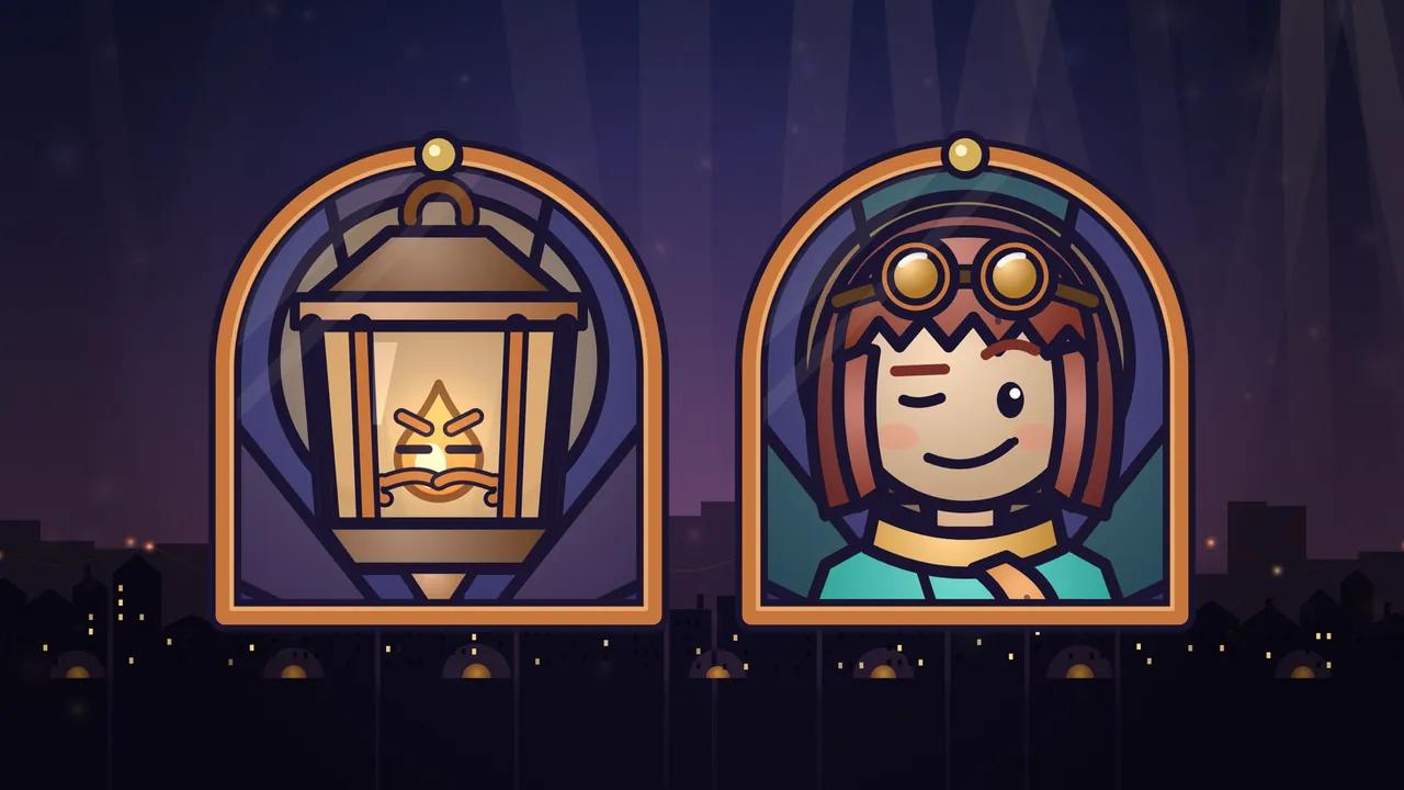 Two stained-glass portraits in arched copper frames over the rooftops of Lantern Lane at dusk: on the left, Gaffer, a six-sided copper lantern whose flame has narrow grumpy eyes and a curly copper moustache; on the right, Mira, a girl with an auburn bob, brass goggles on her forehead, an amber scarf and a teal coat, winking with a sly smile
