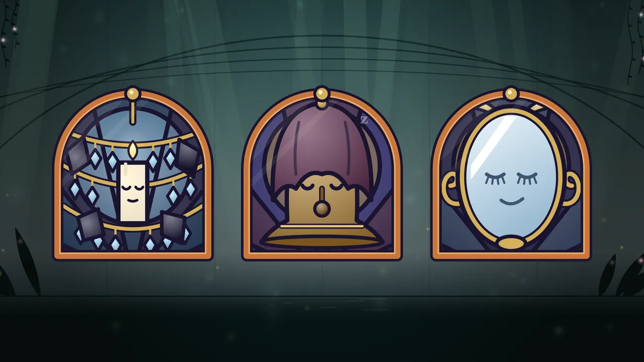 Three stained-glass portraits in arched copper frames side by side against the green Glasshouse at dusk: on the left, the Grand Chandelier, a white candle with a sleeping face and a small flame among strings of pale blue crystal drops and dark crystal shards; in the middle, Old Bellamy, a bronze bell with closed eyes on its waist and the clapper hanging like a nose, sleeping under a plum velvet hood with a tiny z beside it; on the right, the Looking-Glass, an oval mirror in a gold frame with long lashes on its closed eyes and a pleased little smile