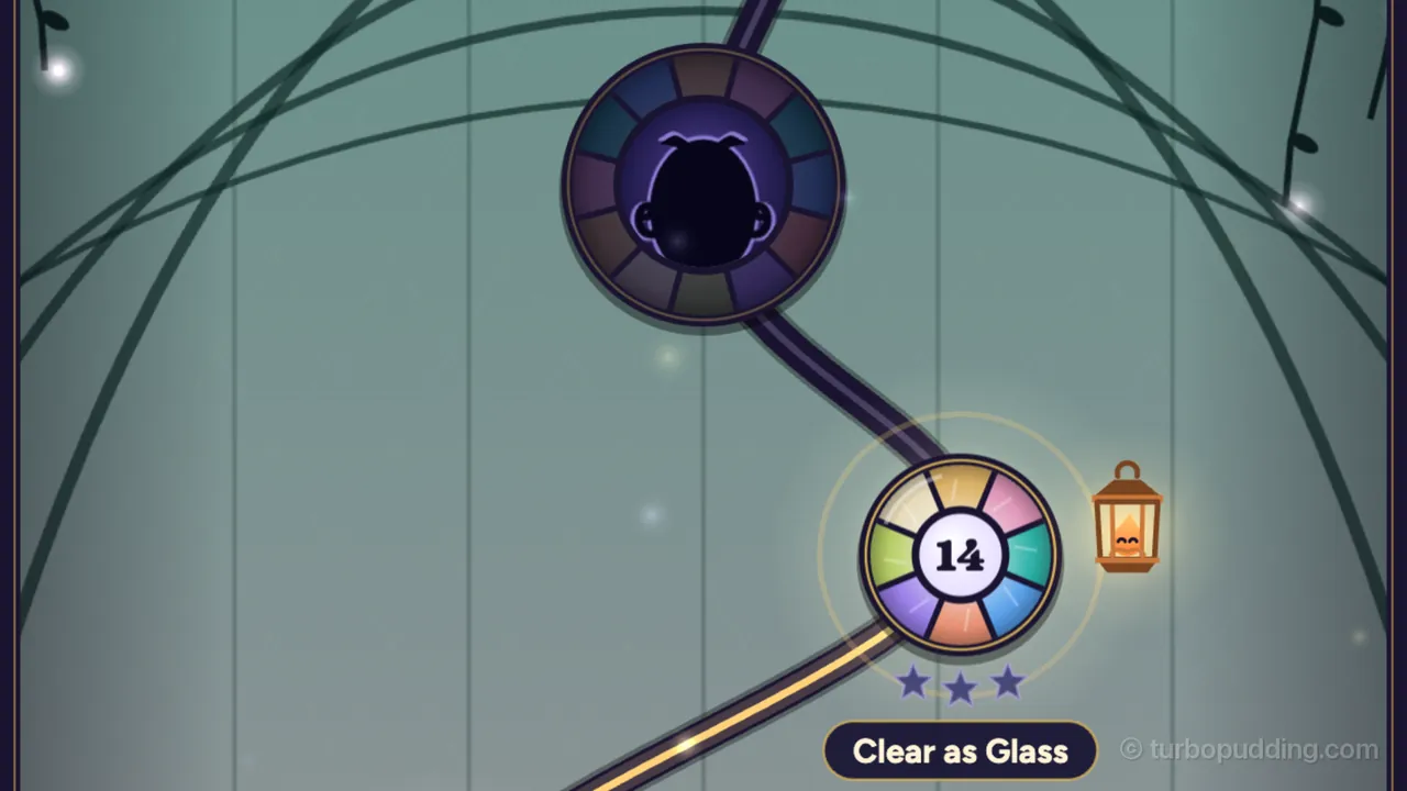 The Glasshouse, in misty green light under the dark curved ribs of a glass roof, with vines hanging at the top corners and small soft lights glowing here and there: at the top in the middle, a big boss rose of twelve dark glass panes holds a black silhouette with a faint lilac rim in its center; a dark lead path winds down from it to the medallion for level 14 at the lower right, bright and glowing in a thin gold ring, with its eight colored panes around the number 14; Gaffer, the copper lantern with a smiling flame, hangs beside it, and under it are three empty stars and a ribbon that reads Clear as Glass, while a gold line runs off down the path to the lower left