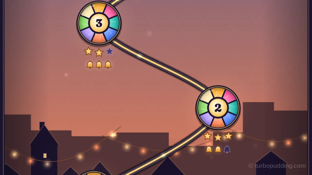 Lantern Lane in the warm pink and peach light of dawn: two glowing medallions with gold centers stand on a lead path with a bright gold line inside it, the one for level 3 at the top left with two gold stars, one empty star and three gold bells under it, and the one for level 2 on the right with three gold stars and two gold bells beside one dim bell; little beads of light shine along the gold line, which curves down to the top of a third medallion at the bottom edge, and below them strings of glowing lights hang across dark brown rooftops, a tall house with a peaked roof and one lit window stands at the left, and the edge of the lead frame shows at both sides