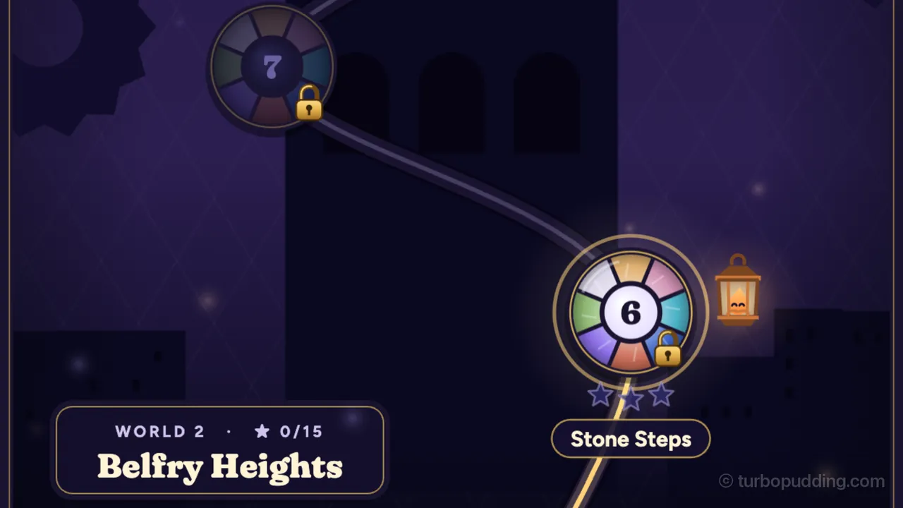 Belfry Heights at dusk, in deep violet: on the right, the medallion for level 6, its eight panes in pale yellow, pink, teal, blue, orange, lilac and green around a white center with the number 6, glows in a thin gold ring with a small brass padlock at its lower right; Gaffer, the copper lantern with a smiling flame, hangs beside it, and under it are three empty stars and a ribbon that reads Stone Steps, with a gold line running down from it; at the top left, the medallion for level 7 is dark glass with a dim number 7 and its own brass padlock; behind them rises the dark silhouette of a tall tower with three arched openings, a big gear shape shows at the top left, and a glass plaque at the bottom left reads World 2 · 0/15 stars, Belfry Heights