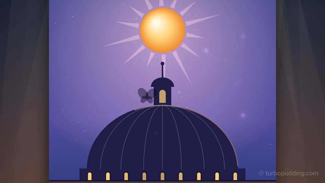 The top of the Panemonium map, a tall stained-glass window standing in the middle of a dimmed town with dark curtains of light at both sides: in a warm lilac sky with a few faint stars, a big golden-orange sun with long pale rays shines high over the Moon Dome’s roof, a wide dark blue cupola with thin curved ribs and a rim of peach light on its right side, topped by a small turret with one warm arched window and a thin spire; a moth-shaped shadow flutters beside the turret, and along the drum at the bottom nine small arched windows glow warm yellow above a strip of dark lead