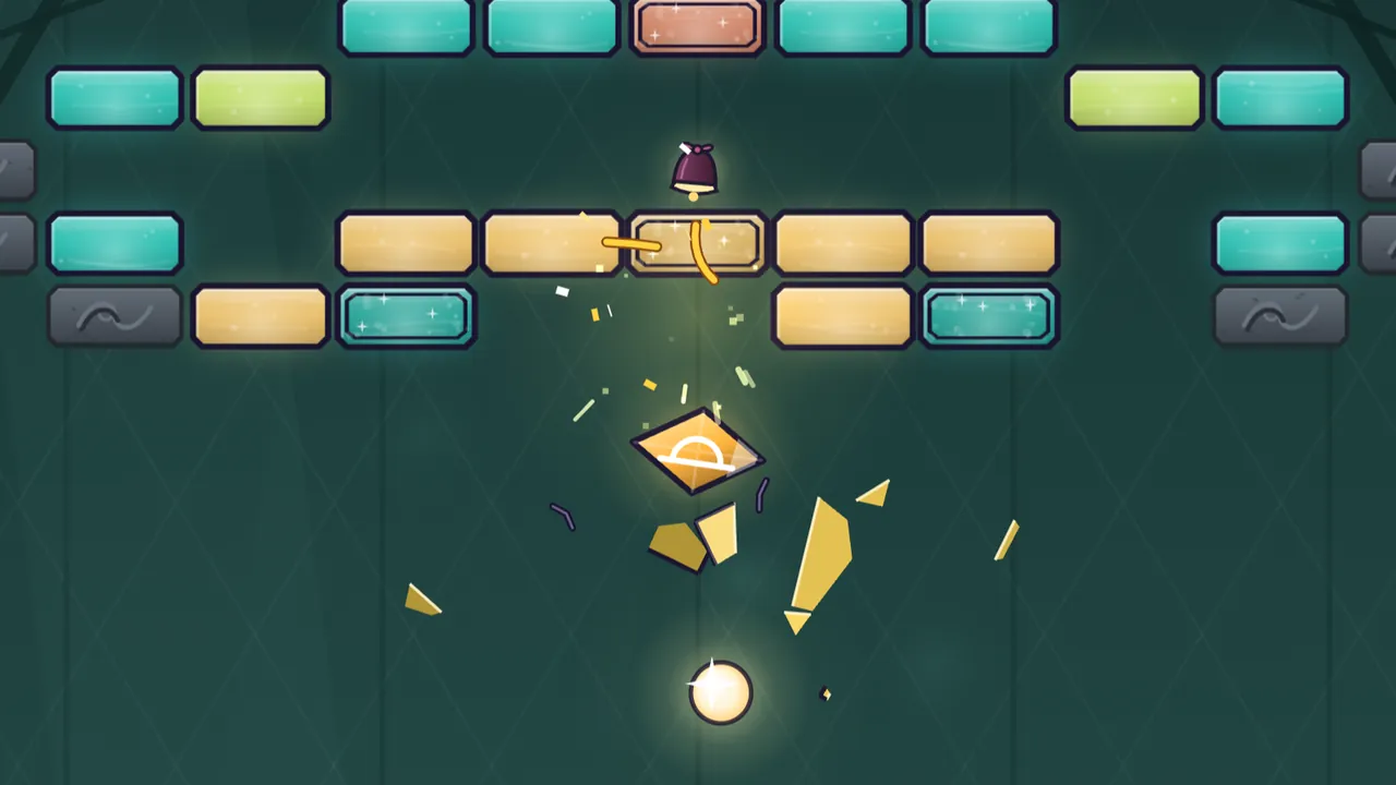 The bottom of a Glasshouse level on a dark green background: a gift pane has just burst in the middle of the lowest row, its gold ribbon curling over the double pane above it and gold shards tumbling down; Glass Floor, an amber diamond-shaped capsule with a white dome on a line, falls through the shards toward the Spark, a glowing gold ball below; around them sit rows of honey-gold and teal panes, two sparkly teal double panes, gray stones at both ends, a small dark red chime above them and the coral trunk of a glass palm at the top