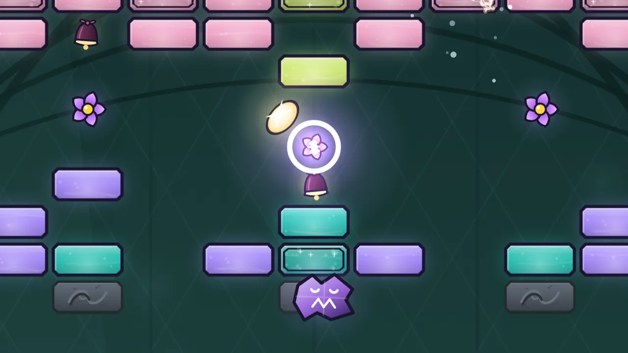 A close view of a Glasshouse level on a dark green background: the Spark, a glowing gold ball squashed flat by the impact, bounces off a lilac flower-shaped spring bell that glows inside a bright white ring; two more spring bells float to the left and right, a small dark red chime hangs just under the middle one, pink panes fill the top, violet and teal panes sit lower down over gray stones, and below them falls Jitters, a purple capsule with jagged edges and a grumpy sleepy face