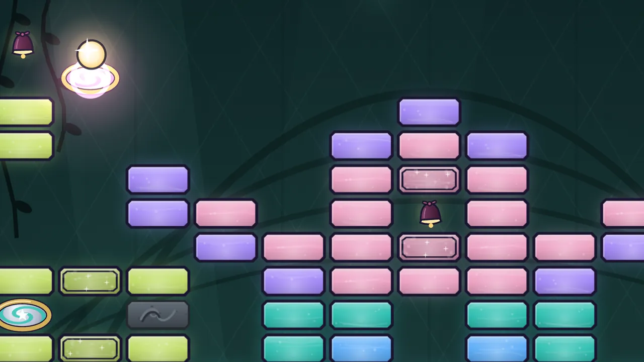 The top left of a Glasshouse level on a dark green background: the Spark, a glowing gold ball, rises out of a gold-framed mirror with a pink swirl in it, next to a small dark red chime in the corner and a dark vine hanging down the left edge; lime panes and a gray stone sit along the left side with a second mirror, this one teal, at the water line below; on the right, a lily made of pink and lilac glass panes, some of them sparkly double panes, with a chime in its heart and the first teal and blue panes of its reflection at the bottom