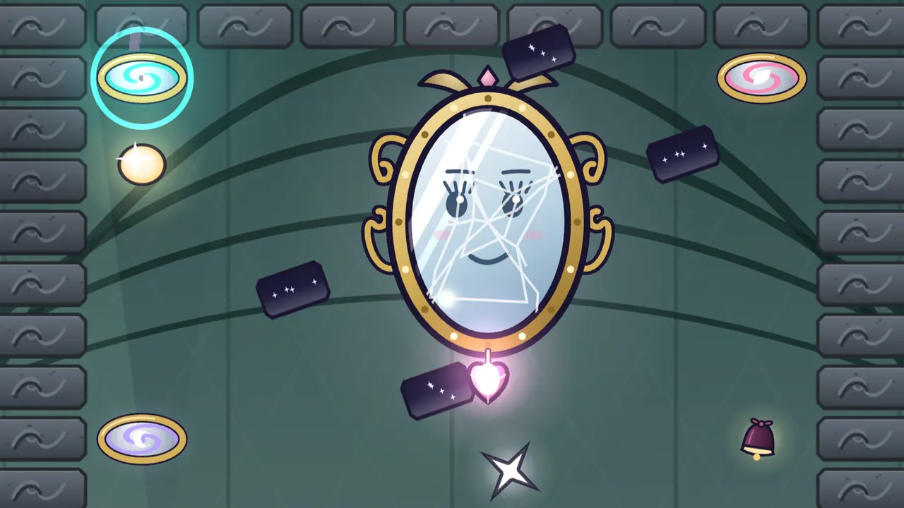 The Looking-Glass, a tall oval mirror in a gold frame with a pink gem heart, hangs in a niche of gray stone, her glass crossed with white scratches, her lashed eyes open under raised brows and pink blush on her cheeks; four small dark frames with tiny stars circle around her, a white four-pointed glint falls below her, the Spark, a glowing gold ball, has just come out of a teal mirror in the top left corner of the niche, a pink mirror sits in the top right corner, a lilac one low on the left and a small dark red chime low on the right