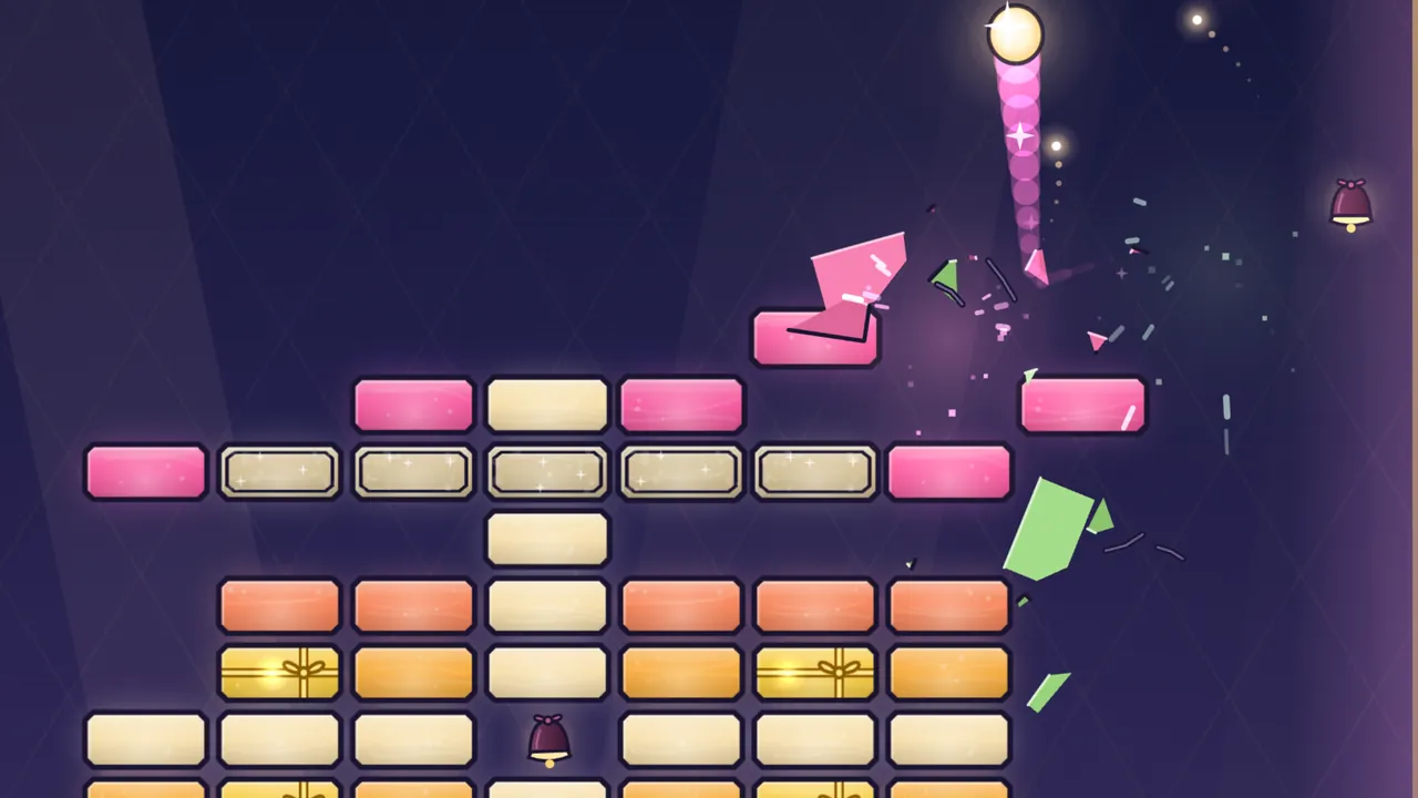 Gift Wrapped, level 3 of Panemonium, at night: the Spark, a glowing ball of light with a pink trail, has just smashed a pink pane at the top right, and pink and green shards of glass, some with dark lead still on their edges, fly off in every direction; below, rows of stained-glass panes in pink, cream, orange and amber sit in dark lead frames, a row of frosted Double Panes runs across the top, two amber Gift Glass panes are tied with a gold ribbon and bow, and two little velvet-wrapped bells hang among them against a purple sky with soft beams of light