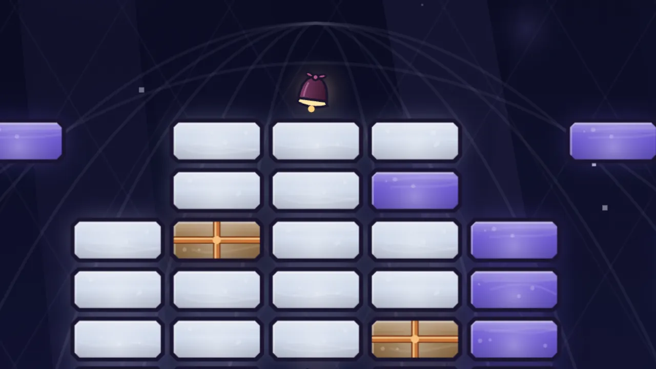 Moondust, a level in the Moon Dome, against a dark night sky crossed by faint thin arcs: rows of pale silvery white panes and deep violet panes in dark lead frames make a big block in the middle, and two of the panes are Barred Glass, amber glass with a brass cross over each one; a small dark velvet bell with a gold rim hangs above the block, and single violet panes float out to the left and right