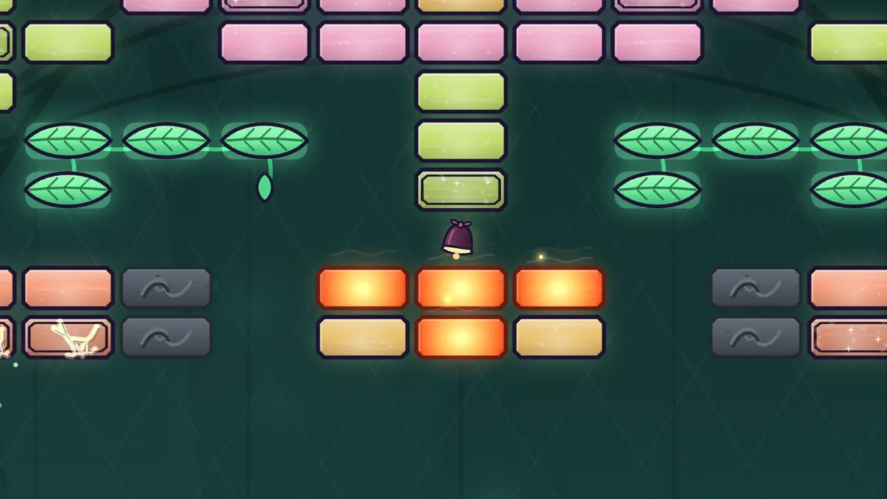 Overgrown, a level in the Glasshouse, on a deep green background: a row of four glowing orange Ember Glass panes with hot bright centers and dark red frames sits low in the middle, between dark gray stone blocks carved with a curl; above them, two groups of bright green Vine Glass leaves with midribs and veins hang on thin green stems, a column of lime-green panes runs up the middle, and a row of pink panes lines the top; a small dark velvet bell hangs just above the Ember Glass, and one cracked salmon pane sits on the left