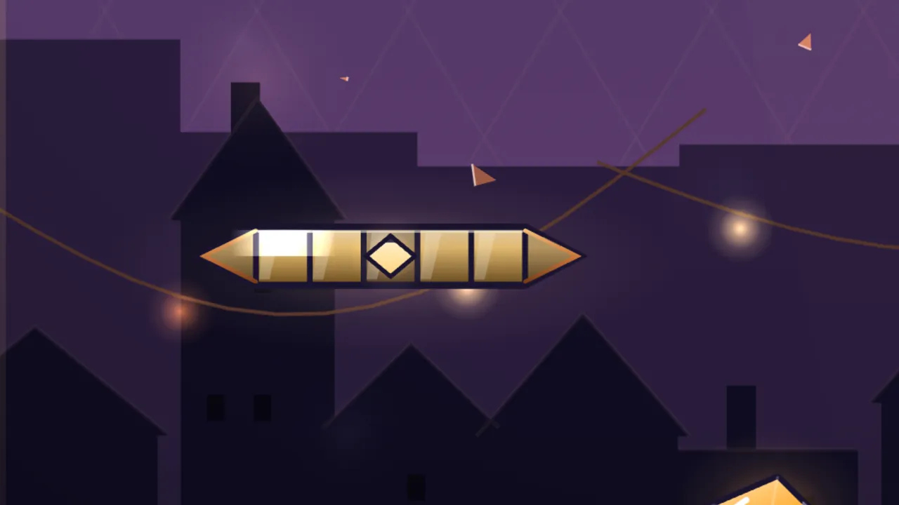 The bottom of the field in Lantern Lane at night: the Prism, Mira’s paddle, a long glass bar of warm amber panes divided by dark lead lines, with a gold diamond gem in the middle and pointed glass ends bound in brass, glows in the center; behind it, dark rooftops, a pointed tower and chimneys stand against a purple sky, strings of glowing lanterns sag between the houses, and a couple of small amber shards of glass drift through the air