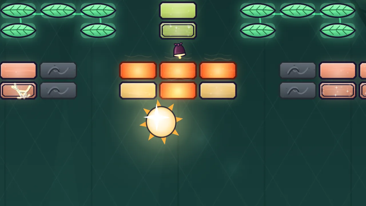 The Glasshouse, on a dark green background: a big golden Spark drawn as a little sun, with a white glint and orange rays around it, rises toward a block of six panes, the top three and the middle bottom one glowing orange with heat shimmering above them and two pale yellow ones beside it; a small dark plum bell hangs just above the hot panes, green leaf-shaped vine panes and a lime pane fill the top, and rows of coral panes and gray stones with a carved wave line sit on both sides
