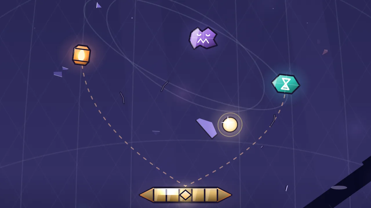 The Moon Dome, dark blue and crossed by thin curved lines of the dome and faint orbit rings: two dashed amber arcs run up from the Prism at the bottom, one to a little orange lantern capsule with a flame inside on the left, the other to a teal hexagon with a white hourglass on the right; above the Prism a gold Spark glows inside a faint ring next to a falling lilac shard of glass, and at the top a purple torn-shard capsule with two sleepy eyes and a white zigzag falls with no arc at all, while the dark tube of a telescope pokes in from the bottom right corner